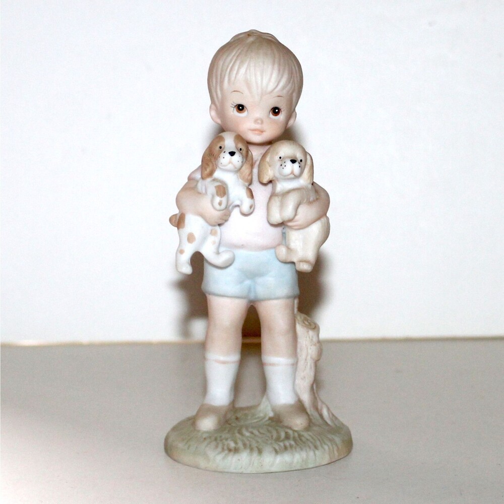 Lefton Porcelain Figurine Christopher Collection Boy with two Puppies bisque dog